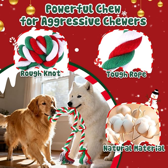 Christmas Heavy Duty Dog Toy for Aggressive Chewers – Tough Chew Toys for Large Dogs, Ideal for Tug-of-War & Teeth Cleaning, with 3 Rope Toys & 2 Dog Supplies