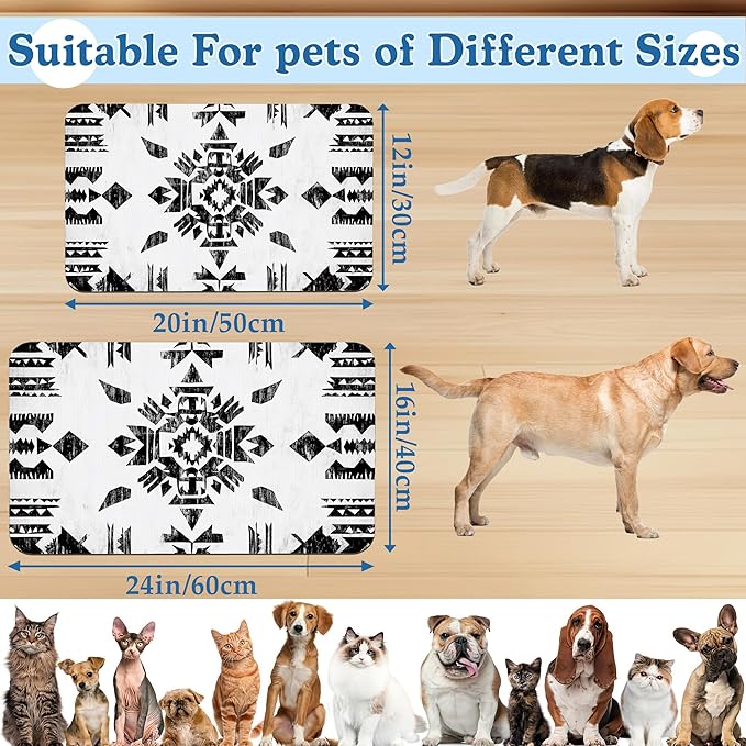 Black Boho Art Dog Food Mat–Absorbent Quick Dry Feeding Placemat for Food and Water Bowls, Non Slip Rubber Backing, Waterproof Pet Supplies for Mess-Free Eating 12"x20"