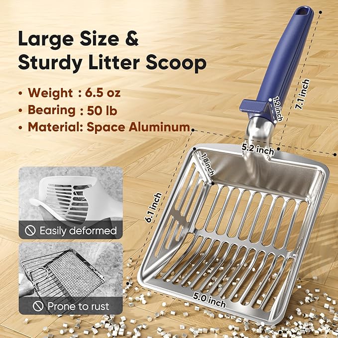 KooMooM Metal Cat Litter Scoop, Large Cat Scooper with Deep Shovel & Dual Sifting Holes for Fast & Precise Sifting, Space Aluminum Kitty Litter Scooper with Long Handle & Easy-to-Hang Hook - Blue