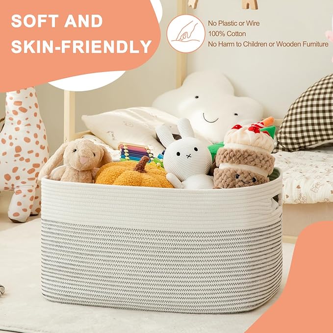 SIXDOVE 75L Large Blanket Basket, Cotton Rope Woven Storage Basket for Living Room, Toy Bin for Kids, Bedroom, Nursery, Baby Room Decorative Organizer, 22''×17''×12'', Black & White