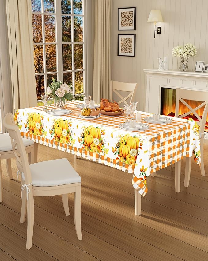 Smiry 12 Packs Buffalo Disposable Table Cloth, 54 x 108 Inch Waterproof Plastic Tablecloth, Rectangle Harvest Pumpkin Orange Checkered Table Covers for Picnic, Thanksgiving, Birthday, Party