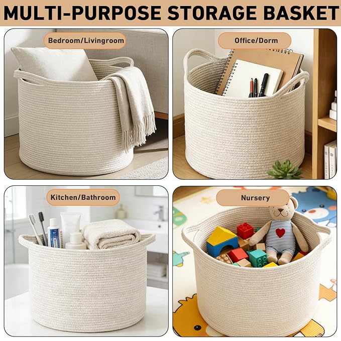 115L Extra Large Woven Cotton Rope Blanket Basket with Handles, Laundry Hamper Storage Bin for Pillows, Comforters,Clothes, Toys, Nursery, Bedroom and Living Room Organization,White