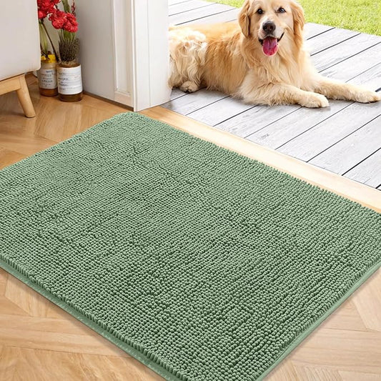OLANLY Dog Door Mat for Muddy Paws 40x32, Absorbs Moisture and Dirt, Absorbent Non-Slip Washable Doormat, Quick Dry Chenille Mud Mat, Entry Indoor Entryway Carpet for Inside Floor, Olive Green