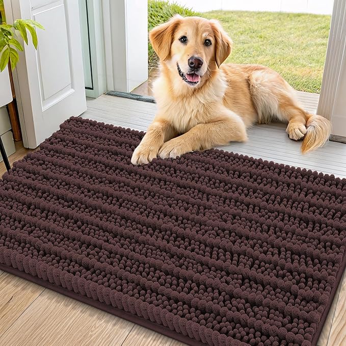 Smiry Dog Door Mat for Muddy Paws 36x24, Extra Soft Absorbent Chenille Doormat, Trap Moisture and Dirt, Non-Slip Machine Washable Front Door Mat for Indoor Entrance Inside Floor, Brown