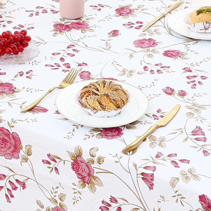 misaya Rectangle Waterproof Vinyl Table Cloth, Plastic Tablecloth with Flannel Backing, Wipeable Table Cover for Dinner, Picnic, Indoor and Outdoor (Pink Flowers, 60" x 102")