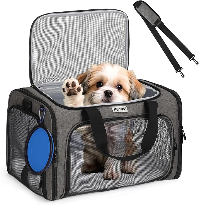 Pet Carrier for Cats & Small Dogs, Travel Carrier with Anti-Collapse Support, Chew Resistant Buckles, Luggage Sleeve, Multi-Pocket Storage, Reversible Mat & Bowl (Gray, Medium (17.5"x11"x11.5"))