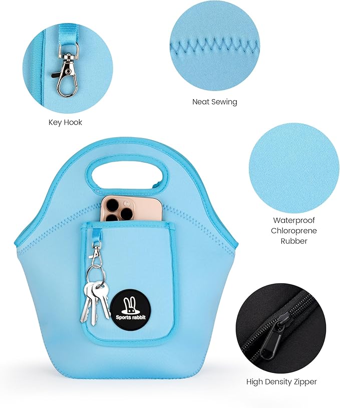 Sports rabbit Neoprene Insulated Lunch Bag for Women - Front Pocket for Phone&Keys - Reusable, Foldable, Lightweight, Waterproof, Easy to Store & Clean - Ideal for Work, Travel & Picnics (blue)