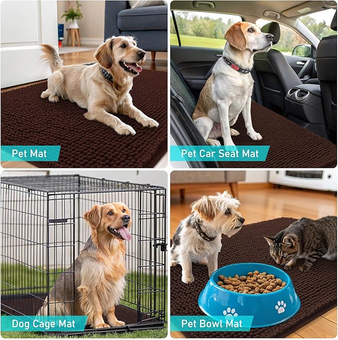 OLANLY Dog Door Mat for Muddy Paws 44x24, Absorbs Moisture and Dirt, Absorbent Non-Slip Washable Doormat, Quick Dry Chenille Mud Mat for Dogs, Entry Indoor Entryway Carpet for Inside Floor, Brown