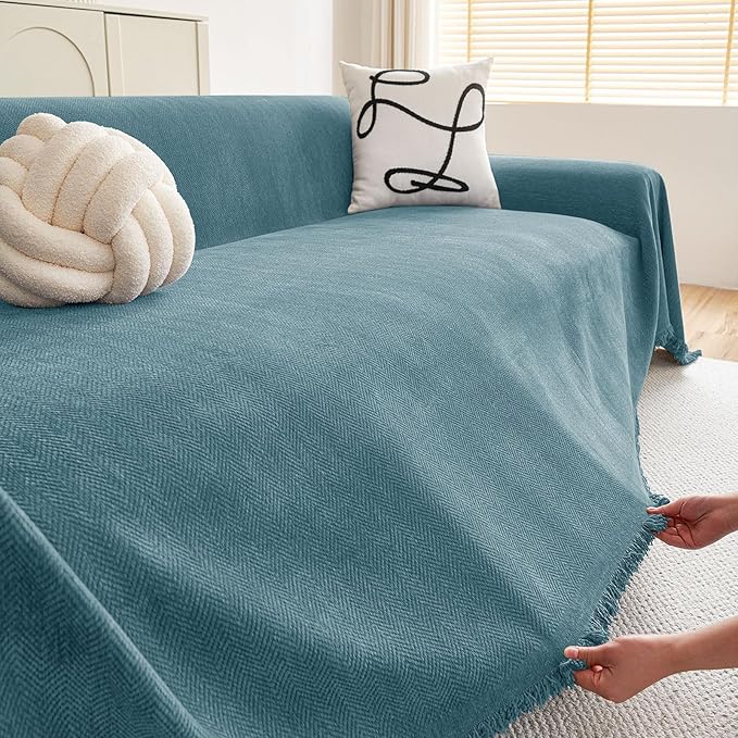 hyha Couch Cover for Dogs, Boho Sofa Covers for 3 Cushion Couch Washable, Chenille Sofa Slipcover for Pets, Soft Loveseat Sectional Couch Throw Blankets with Tassels (Blue, 71x102 Inch)