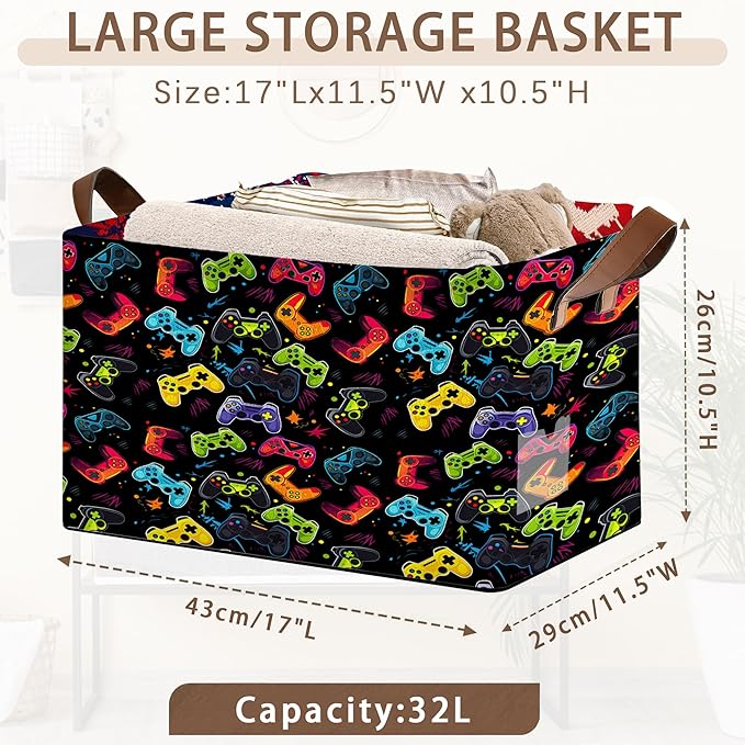 Game Controller Storage Basket Large 17x11.5x10.5 Inche-Collapsible Fabric Organizer Bin with Handles for Gaming Room, Toys, Electronics-Foldable Decorative Hamper with Video Game Design-Single Pack