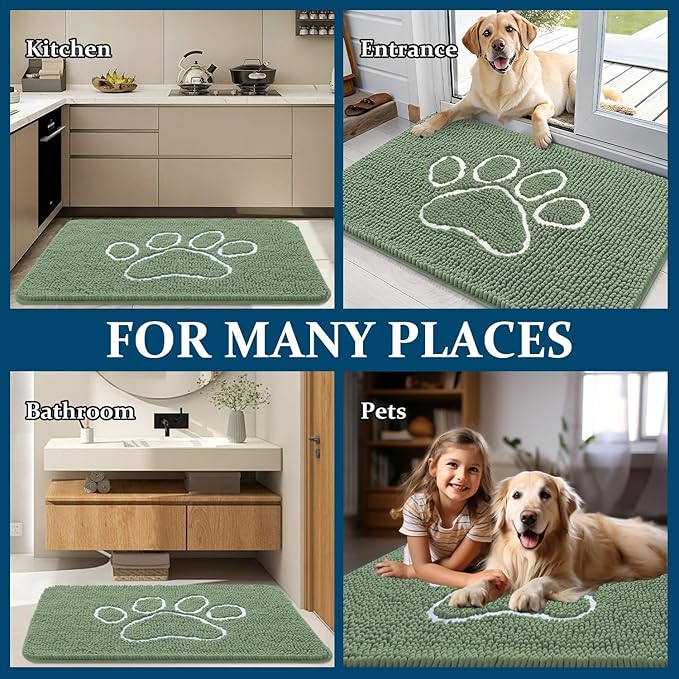 OLANLY Dog Door Mat for Muddy Paws 40x32, Paw Print Design, Absorbs Moisture and Dirt, Non-Slip Washable Doormat, Quick Dry Chenille Mud Mat, Entry Indoor Entryway Carpet, Olive Green and White