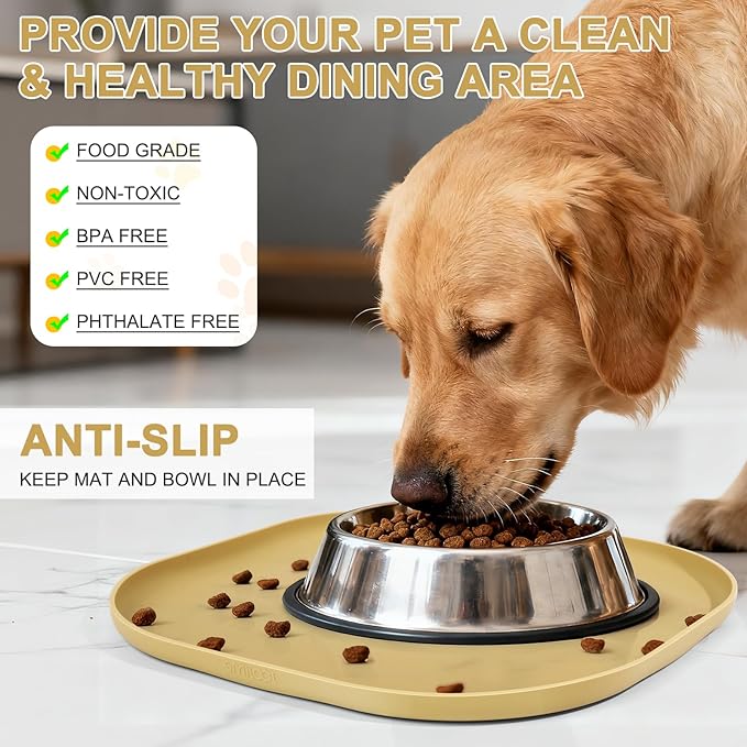 Small Silicone Pet Food Mat with Raised Edge for Food and Water Bowl, Square Dog Feeding Mats, Cat Food Trays for Floor Waterproof, Rubber Tray for Dogs and Cats, 12 x 12 x 0.7 Beige