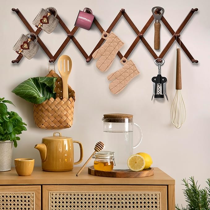 Mercurial Trade Expandable Wooden Coat Rack Hanger – Accordion Wall Mounted Pine Wood Hooks – Hand Made Vintage Expending Pegs – Hang Coat, Jacket, Hat, Leash, Towel, Mug, Bag – 17 Hook, Dark Walnut