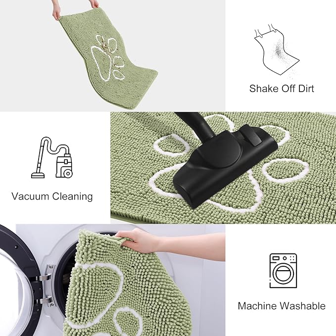 Smiry Dog Door Mat for Muddy Paws, Absorbent Dirt Trapper Non Slip Quick Dry Washable Chenille Mat for Mud Dogs, Entry Rug for Indoor and Outdoor (47x24 Inches, Sage Green and White)