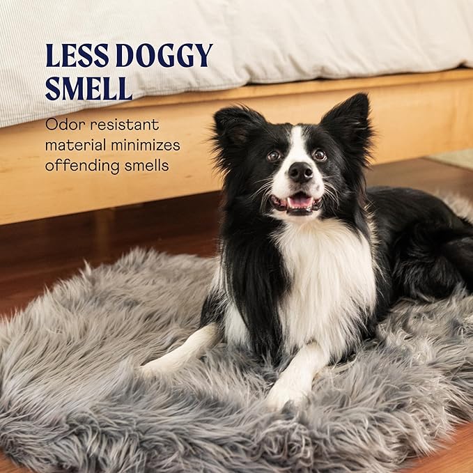 PAW BRANDS PupRug Orthopedic Dog Bed for Large Dogs with Fluffy Soft Faux Fur and Memory Foam for Joint Pain Relief, Machine Washable and Waterproof Couch Bed, Charcoal Grey, Large/Extra Large