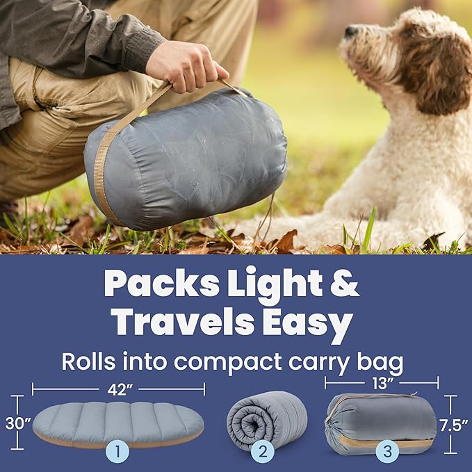 Travel Dog Bed (42" x 30")- Foldable & Packable for Travel, Road Trip, Camping– Lightweight, Water Resistant & Cozy with Soft Padding– Compact, Portable & Machine Washable– Large & Small Breeds: Grey