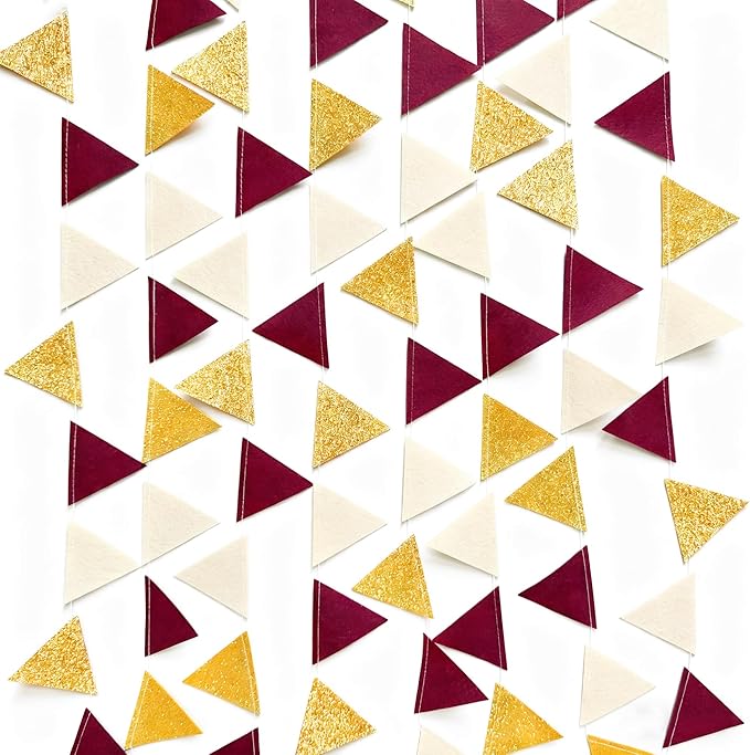 Maroon Gold Party Decorations Burgundy Beige Gold Glitter Felt Hanging Triangle Mini Bunting Pennant Banner Flag for Birthday Graduation Wedding Baby Shower Anniversary Party Nursery Classroom Decor