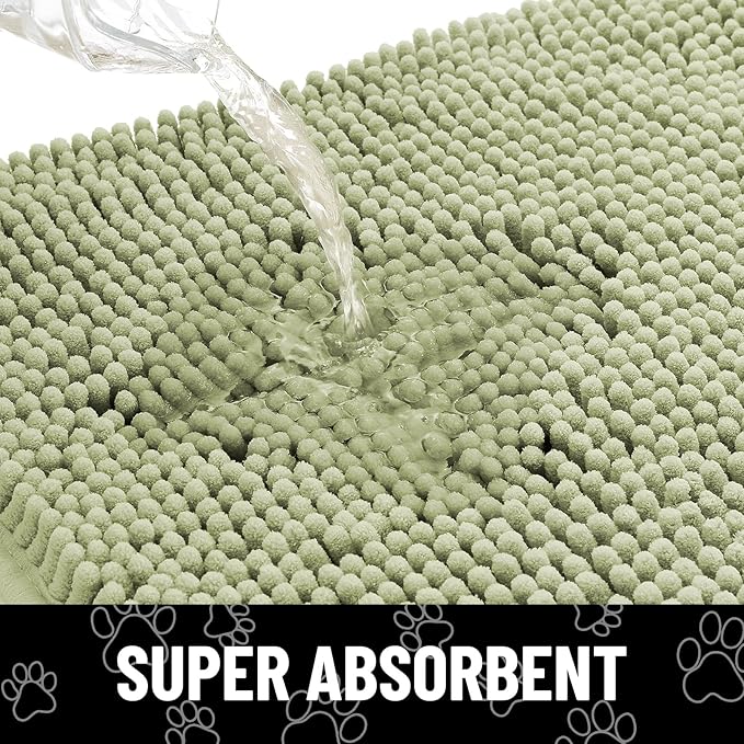 Smiry Dog Door Mat for Muddy Paws, Absorbent Dirt Trapper Non Slip Quick Dry Washable Chenille Mat for Mud Dogs, Entry Rug for Indoor and Outdoor (70x24 Inches, Sage Green and White)