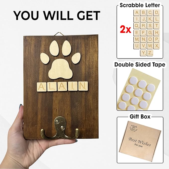 VINARTSVN Dog Leash Holder Wall Mount, Pet Harness Hanger with Scrabble Letters, Dog Collar Organizer for Entryway, Memorial Cat Leash Holder for Wall, Pet Loss Gifts, Keepsake, Home Decor PF212-W
