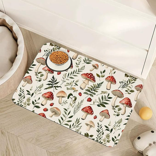 Red Mushroom Pet Feeding Mat,Fern Herb Berries Absorbent Quick-Dry Cat Dog Food and Water Bowl Mats,Non-Slip Rubber Backing Mat,Cat Dog Accessories Supplies 16"x24"