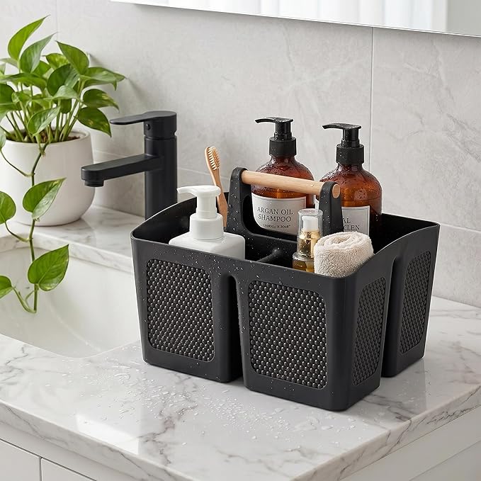 Haundry Plastic Shower Caddy with Wooden Handle, Portable 3-Compartment Bathroom Organizer Basket with Drainage Holes, Quick Dry Shower Basket for Dorm, College, Cleaning Supplies
