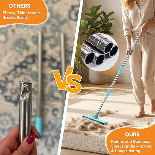 BoxZone 3 In 1 Carpet Rake for Pet Hair Removal Tool with Long & Short Handle and Rubber Detail Brush, Carpet Brush for Pet Hair, Deep Cleaning Pet Hair Removal Broom for Carpets Couches Rug Furniture
