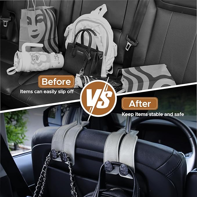 4 PCS Leather Car Seat Hooks for Headrest, Vehicle Hanger Storage Organizer Universal for Handbag Purse, Car Accessories Gift (White-Black-4 PCS)