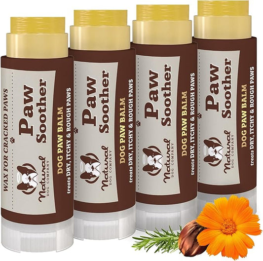 Natural Dog Company Paw Soother Balm Bundle, with 4 Travel Sticks (0.15 oz Each), Lotion, Moisturizes & Soothes Irritated Paws & Elbows, Protects from Cracks & Wounds, Lick-Safe, Made in USA