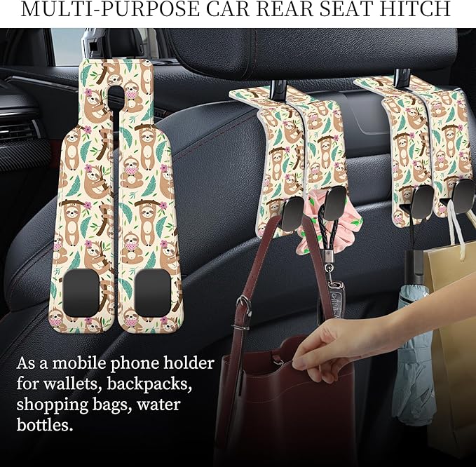 PU Leather Car Seat Hook, Storage Headrest Hanger, Cute Car Backseat Organizer, Car Hooks For Purses and Bags Cute Sloth Pattern