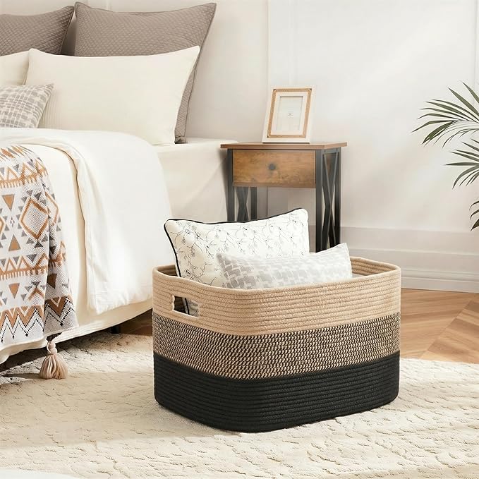 Blanket Basket,Rectangle Woven Baskets for Storage,30L Laundry Basket for Decorative Nursery Blanket,Toys,Dirty Clothes and Magazine in Shelves,Baby Room,and Living Room