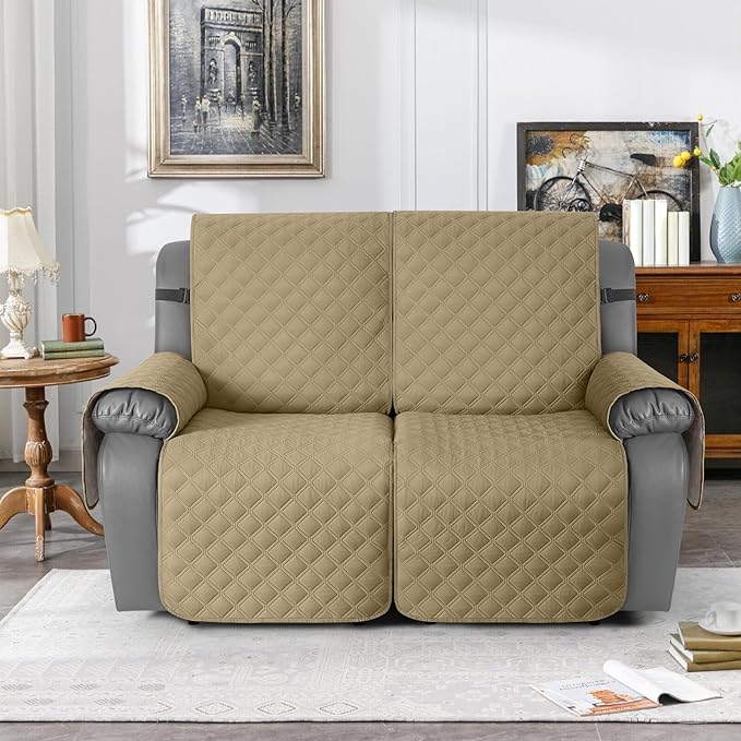 TAOCOCO 100% Waterproof Recliner Couch Covers, Recliner Sofa Covers with Leg Straps, 1-Piece Washable Reclining Sofa Cover with Pocket Couch Protector for Pets Kids(2 Seater, Camel)