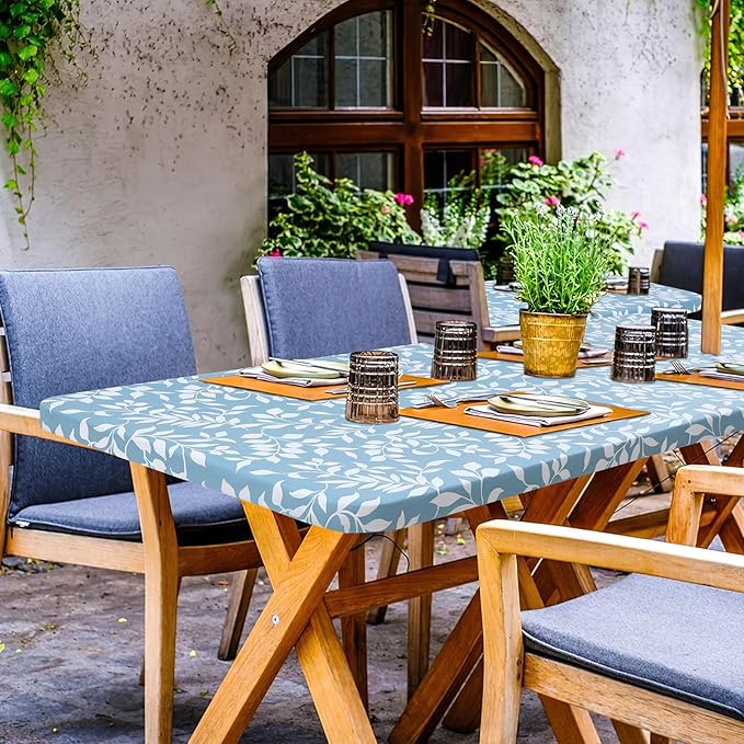 misaya Rectangle Vinyl Tablecloth, Fitted Table Cover, 100% Waterproof, Elastic Edge, Flannel Backing, Plastic Table Cloth Fit 6 Foot Folding Tables for Picnic, Camping (Blue Leaves, 30x72 inch)