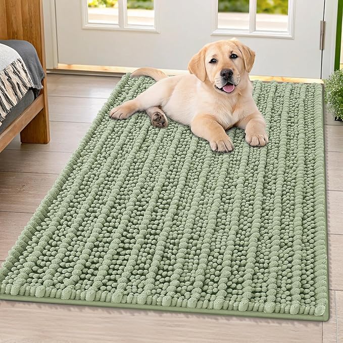 Smiry Dog Door Mat for Muddy Paws 40x32, Extra Soft Absorbent Chenille Doormat, Trap Moisture and Dirt, Non-Slip Machine Washable Front Door Mat for Indoor Entrance Inside Floor, Sage Green