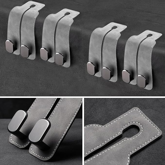 Headrest Hooks - Car Seat Back Double Hook Leather, Purses Hooks (4-Grey)