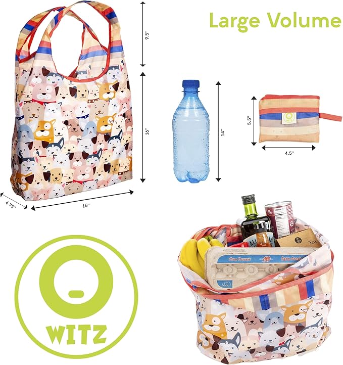 O-WITZ Reusable Grocery Bags | Vibrant Tote Bag For Groceries, Gym, Office, Beach Gear, Toys & More | Washable Design With Large Handles For Maximum Convenience | Folds Into A Small Pouch, Dog