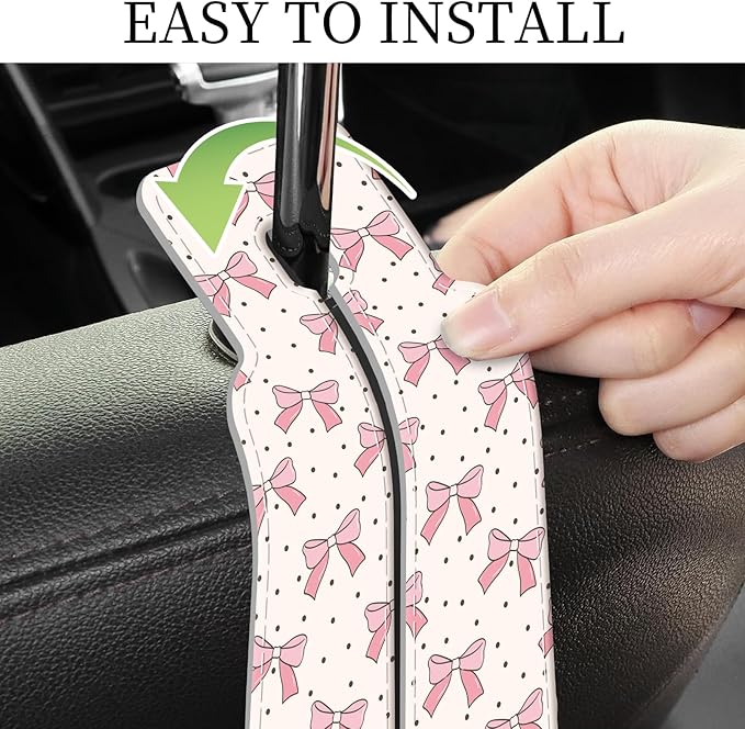 PU Leather Car Seat Hook, Storage Headrest Hanger, Cute Car Backseat Organizer, Car Hooks For Purses and Bags Pink Bow Pattern
