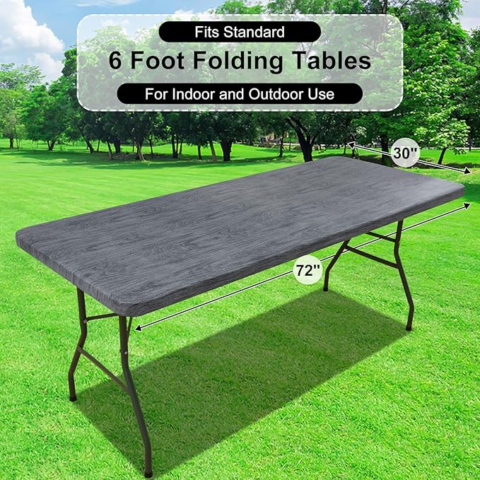 misaya Rectangle Vinyl Tablecloth, Fitted Table Cover, 100% Waterproof, Elastic Edge, Flannel Backing, Table Cloth Fit 6 Foot Folding Tables for Picnic, Camping, Outdoor (Wood Grey, 30x72 inch)