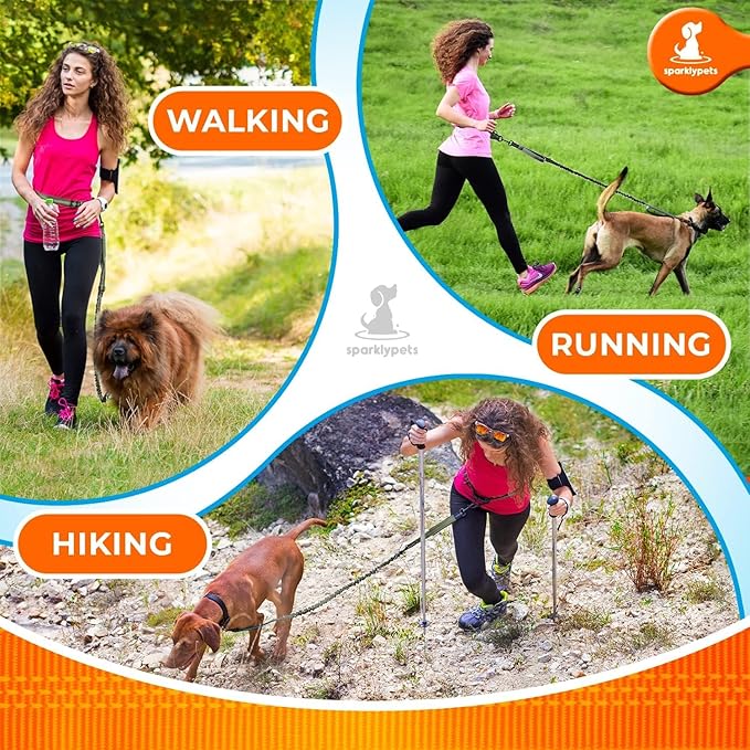 SparklyPets - Hands Free Dog Leash with Reflective Stitches - Waist Leash for Dog Walking, Hiking, Training, Jogging, Canicross, Running - for Medium & Large Breeds