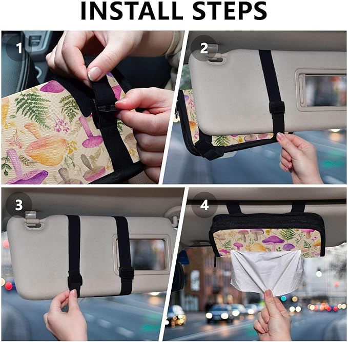 Car Tissue Holder Car Napkin Holder Car Tissue Box Dispenser Storage Case Sun Visor Mask Holder with Adjustable Straps Reusable Refillable Mushroom Colorful Pattern