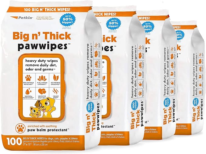 Petkin Big N' Thick Paw Wipes for Dogs, 100 Large Wipes (4 Pack) - Clean Dirty Paws After Walks, with Paw Balm Protectant - Keep Floors and Furniture Clean - Ideal for Home or Travel - Orange Scent