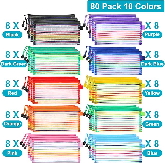 Leelosp 80 Pcs Mesh Zipper Pouch Bulk Back to School Pencil Storage Pouch Mesh Cosmetics Bags Toiletry Makeup Bags for Office Travel Organization(Elegant Color,9 x 4.7 Inch)