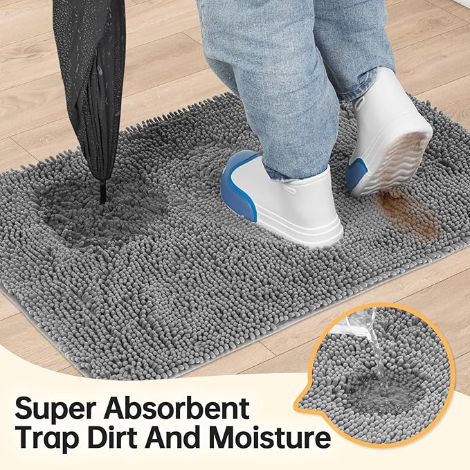 Absorbent Dog Door Mat for Muddy Paws, 72" x 24" Chenille Indoor Mats for Entryway, Trap Dirt Front Door Mat Indoor Entrance Washable Non Slip Soft Light Grey