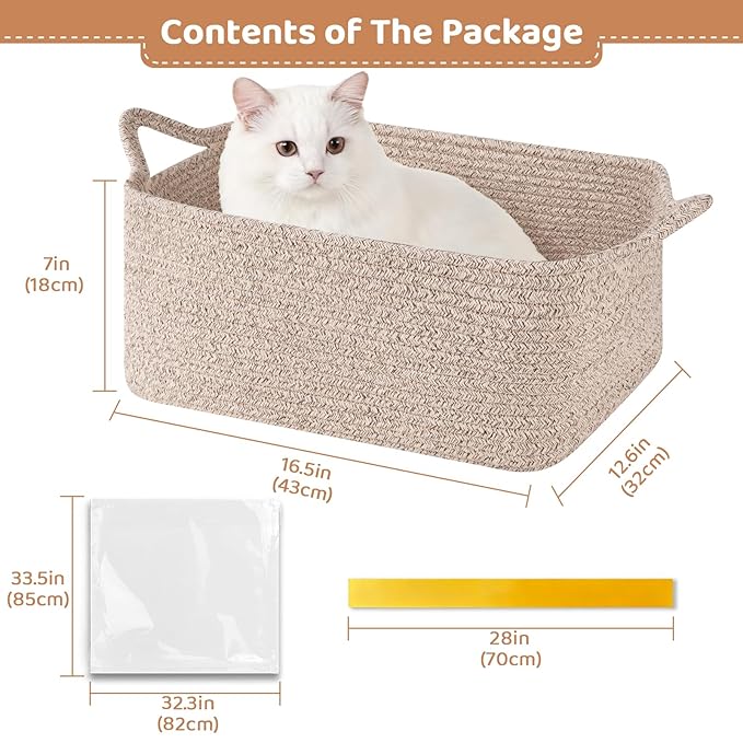 Large Empty Gift Baskets for Baby Shower, 16.5"L x 12.6"W x 7"H Cute Woven Storage Basket with Gift Bags and Ribbons, Small Rope Toy Basket with Handles, Cat Dog Pet Toy Organizer - Brown