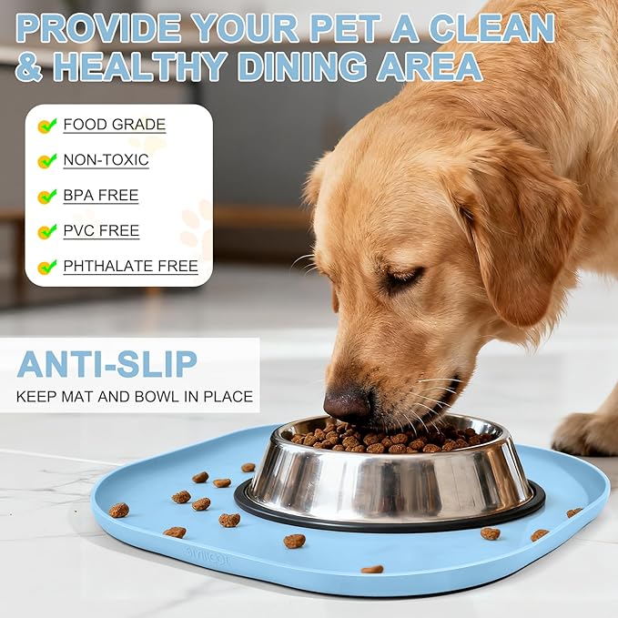 SMILOOL Silicone Pet Feeding Mat with Raised Edge for Food and Water, Dog Bowl Mats, Cat Bowls Placemat with High Lip for Floor Waterproof, Rubber Tray for Cats and Dogs 12 x 12 x 0.7 Light Blue