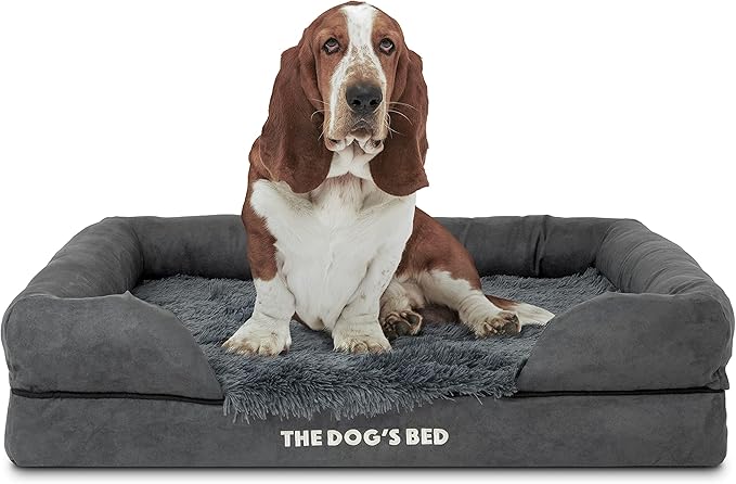 The Dog’s Bed, Large Grey Fur, Memory Foam, Pain Relief: Arthritis, Hip & Elbow Dysplasia, Post Surgery, Lameness, Supportive, Calming, Waterproof Washable Cover, Veterinary Approved