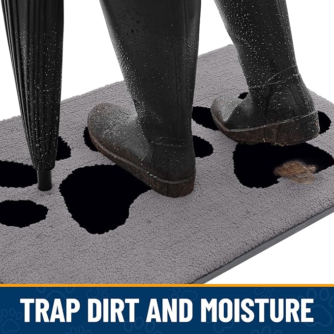 Smiry Dog Door Mat for Muddy Paws, Absorbs Moisture and Dirt, Low-Profile Entryway Mat with Non-Slip Backing, Entry Indoor Outdoor Doormat for Inside Floor (30x20 Inches, Grey, Paw)