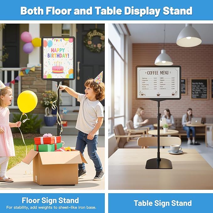 Sign Holder Stand 8.5 x 11, Adjustable Poster Stand for Table Top & Floor, Signage Display Stands, Floor Standing Sign Holder for Advertisement, Tradeshow, Store, Business, 2 Pack