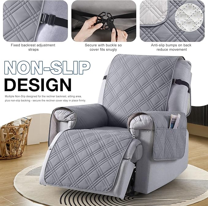 TAOCOCO Waterproof Recliner Chair Covers 30 Inch Wide, Oversized Recliner Covers for Recliner Chair with Pocket, Recliner Slipcovers with Straps Furniture Protector for Kids Pets (30'', Gray)