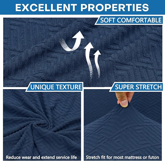 ZNSAYOTX Stretch Fit Futon Cover (67"-82") Armless Futon Sofa Bed Slipcover with Elastic Band, Universal Foldable Sofa Mattress Protector Full Queen Size, Washable Comfort Jacquard (Navy Blue)