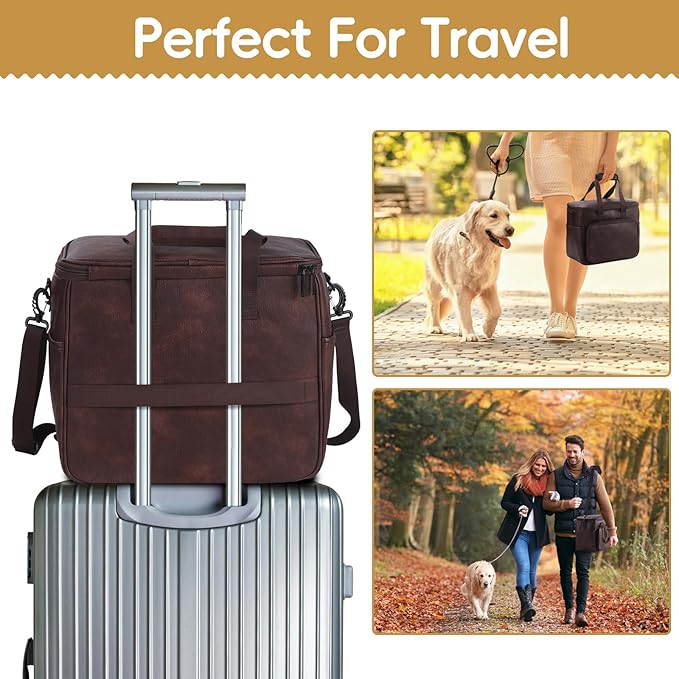 Lasaviin Dog Travel Bag, Leather Travel Pet Bag Set for Dog and Cat, Airline Approved Tote Organizer with Multi-Function Pockets, 2 Food Storage Containers, 2 Collapsible Bowls